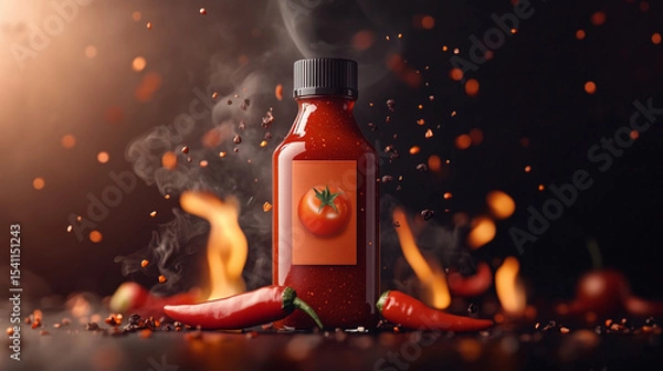 Obraz Spicy tomato sauce bottle with chili peppers and flames