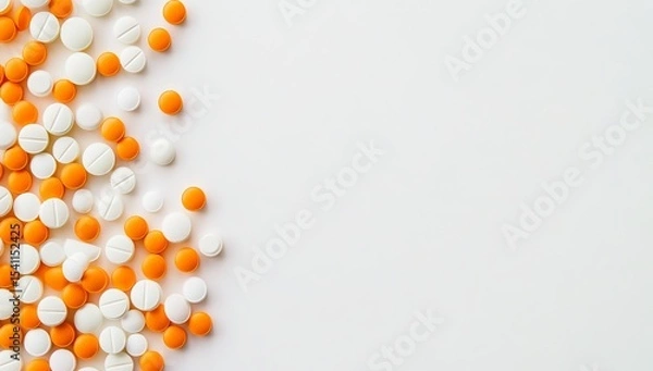 Fototapeta White background with orange and white circular pills scattered on the right side, creating an abstract pattern. The image has a flat lay perspective with no text or graphics in it. It is suitable 