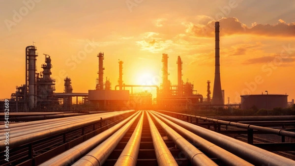 Fototapeta Oil refinery at sunset highlighting energy transition and renewable price impact. Oil price and renewable energy concept. economic effect, energy security, financial market connection.