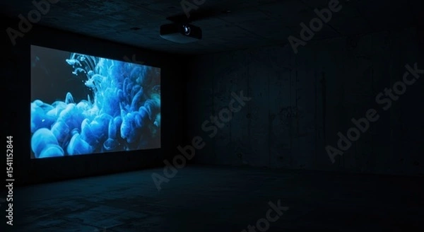 Fototapeta Projector displaying blue ink cloud in a darkened room on screen wall