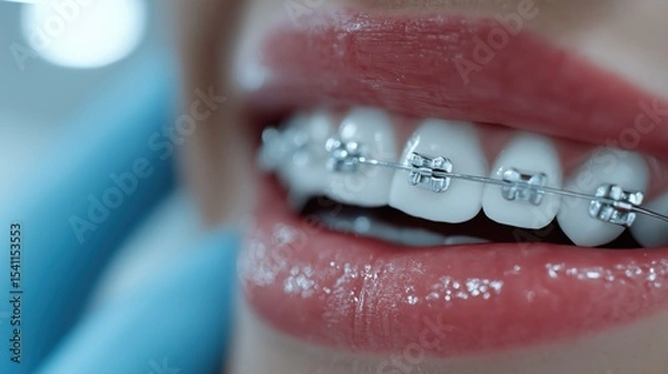 Obraz Smiling with Orthodontic Brilliance: A captivating close-up showcases a radiant smile adorned with gleaming orthodontic braces, emphasizing dental health and alignment. Ai Image