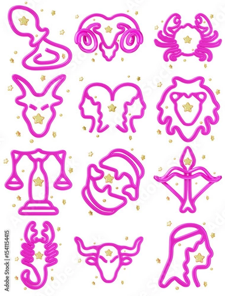 Fototapeta 3D Pink Outline Zodiac Symbols with Golden Stars – Minimalist Horoscope Sign Set