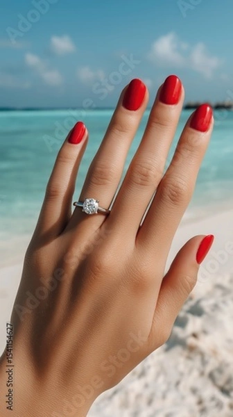 Obraz Oceanside Engagement Ring: A close-up shot of a hand adorned with a sparkling solitaire diamond engagement ring, set against the backdrop of a serene ocean and beach. Ai Image