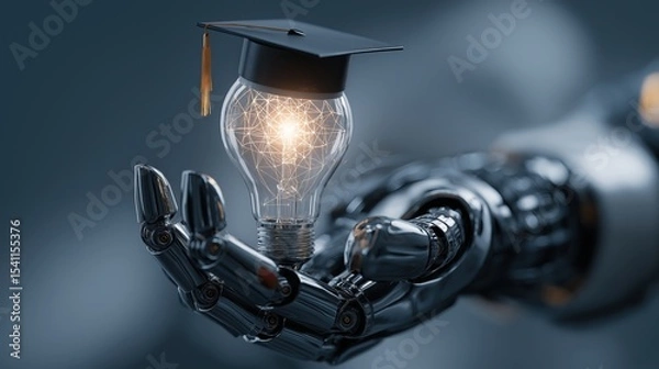 Obraz Knowledge Embodied: A metallic robotic hand tenderly cradles a glowing lightbulb adorned with a graduation cap, symbolizing the fusion of artificial intelligence and higher education. Ai Image