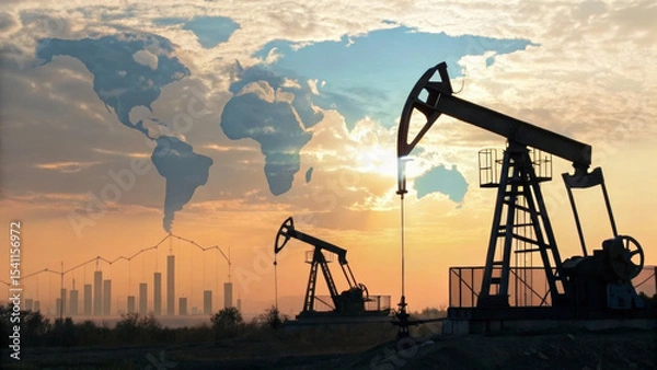 Fototapeta Oil pumps with global map and city skyline highlight energy price and renewable transition. Oil price and renewable energy concept. economic effect, energy security, financial market connection.