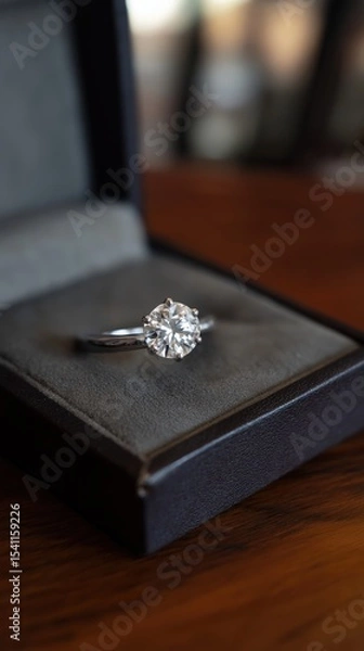 Obraz Diamond Engagement Ring in Box: A sparkling solitaire diamond engagement ring rests elegantly in its dark grey velvet jewelry box, ready for its proposal moment.  Ai Image
