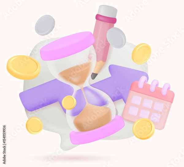 Obraz Hourglass calendar and stock chart pencil and silver coin gold coin images representing various icons for use as decoration and clip art.