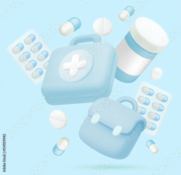 Obraz Cute illustration of generic medicine blister pack for drugstore to use for promoting medicine and nutrition on light blue Pastel tones background.