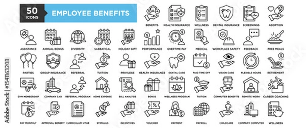 Obraz 50 Employee Benefits icon set. Containing design Health Insurance, Wellness Program, Dental Insurance, Health Screenings, Adoption Assistance