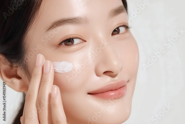Fototapeta Applying Facial Cream: Close-up of a woman applying moisturizer to her face with a focus on skincare and healthy complexion.