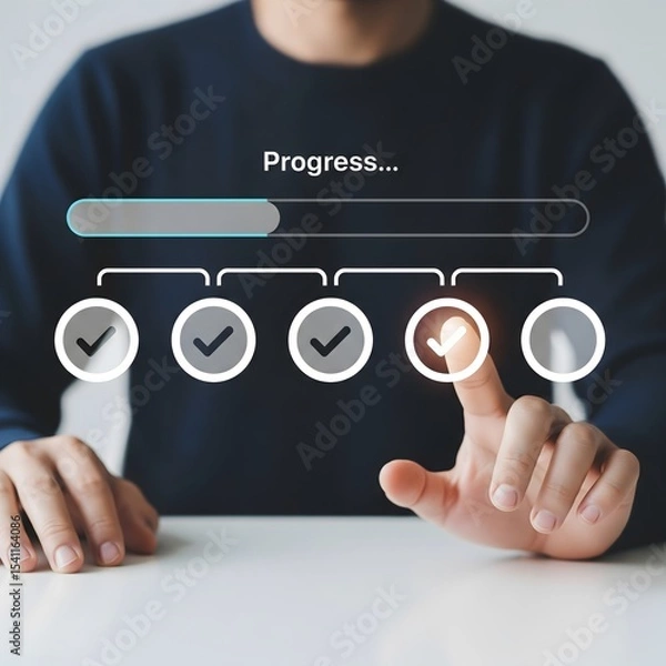Obraz Checklist and task progress tracking concept. A person pointing at progress bar with checkmarks, task completion, productivity, workflow, goal setting, and efficient project management. loading bar, 