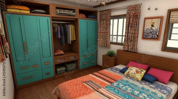 Fototapeta Cozy Bedroom Interior with Colorful Decor and Stylish Wardrobe