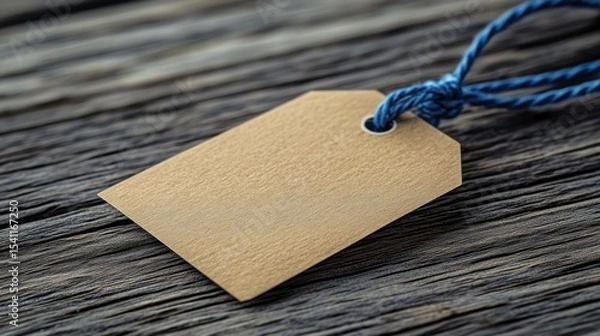 Fototapeta Blank Brown Price Tag on Wooden Surface with Blue Twine String
