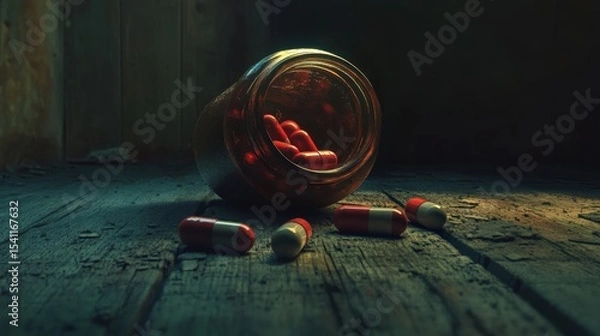 Fototapeta Red and White Capsules Spilled from a Glass Jar on Wooden Floor