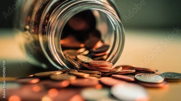 Fototapeta Large Clear Jar with Hole Leaking Coins onto Table Surface