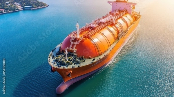 Fototapeta Fully Loaded Gas Carrier Moving Through Strait Between Islands