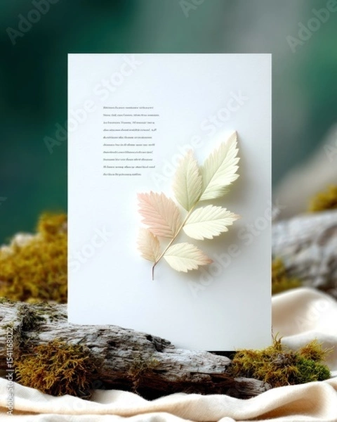 Fototapeta Pastel Pressed Leaf on White Card with Poem