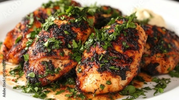 Fototapeta Grilled Whole Chicken Served with Garlic Aioli and Fresh Herbs