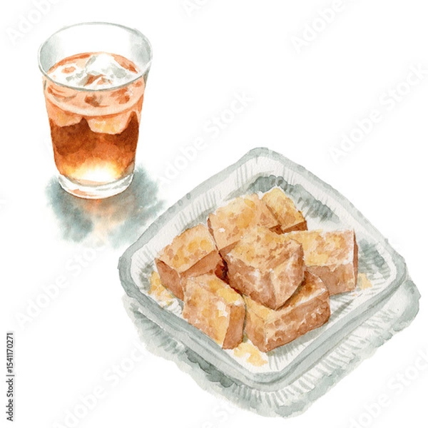 Obraz アナログ水彩わらびもちと麦茶