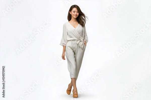 Obraz 洗練された白のコーディネートで歩く日本人女性の全身写真