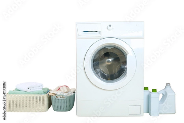 Obraz Washing machine with laundry items nearby, isolated on white, PNG