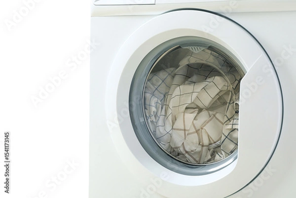 Obraz Towels neatly arranged in washing machine, isolated on white, PNG