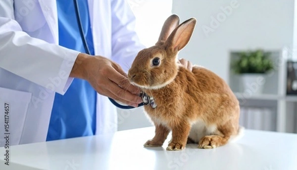 Obraz 動物病院の診察台の上で獣医さんに聴診器を当てられているかわいいウサギ（A Cute Bunny Getting a Gentle Checkup with a Stethoscope at the Animal Hospital.）
