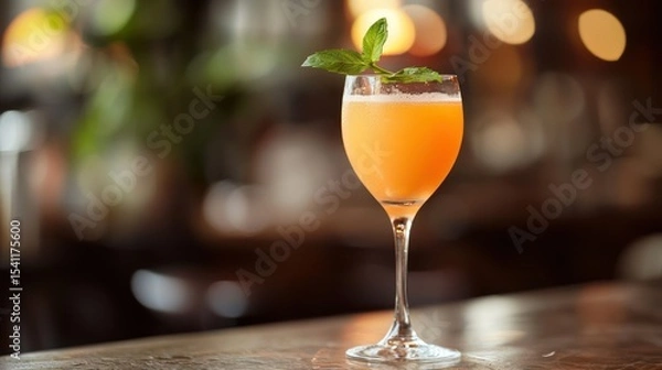 Fototapeta A vibrant orange cocktail with a mint garnish, served in a tall, elegant glass on a wooden table in a dimly lit bar setting.