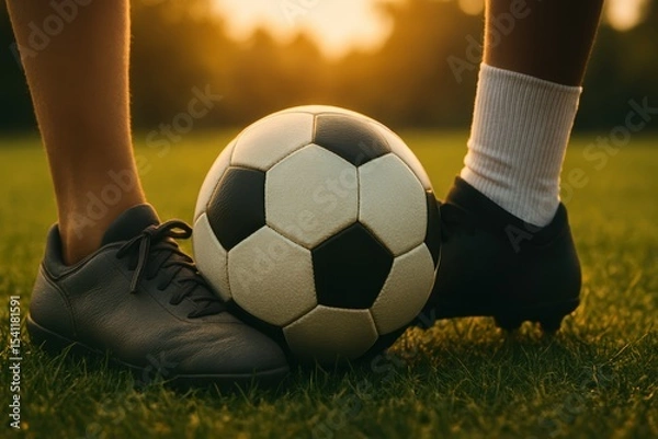 Fototapeta Close-Up View of Soccer Player's Shoes Next to a Black and White Soccer Ball on Green Grass