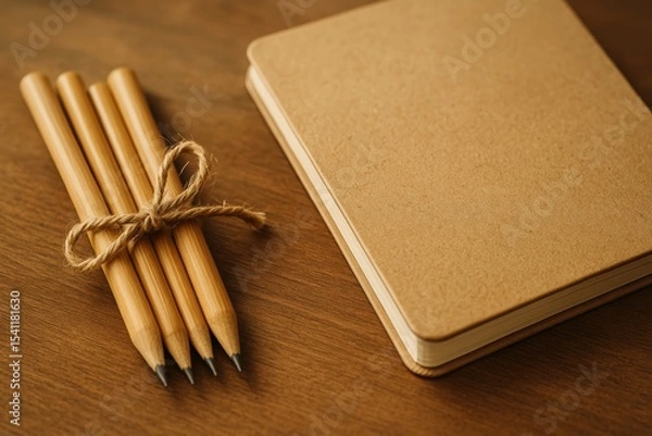 Fototapeta Natural Brown Notepad with Wooden Pencils Tied with String on a Wooden Surface