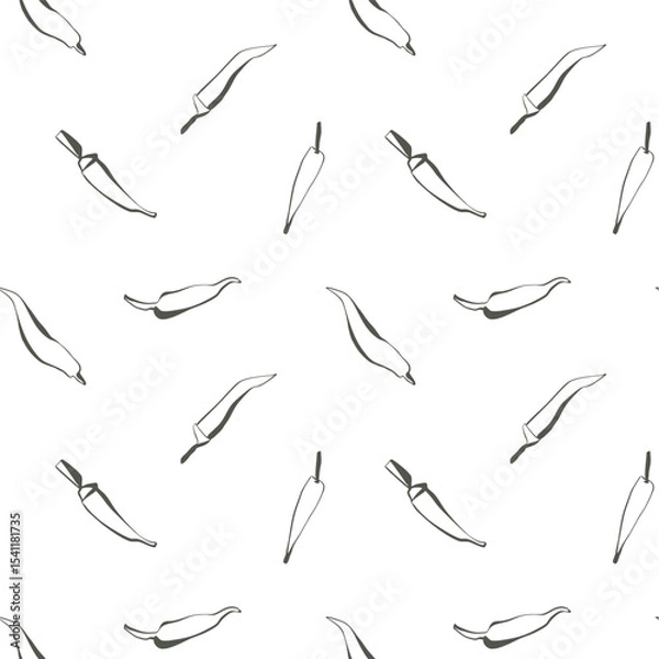 Fototapeta Dark green jalapeno pepper seamless pattern on white background in minimal line art style for kitchen decor or food packaging