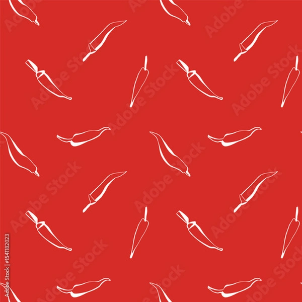 Fototapeta White chili pepper seamless pattern on red background in minimal line art style for spicy food packaging and kitchen decor