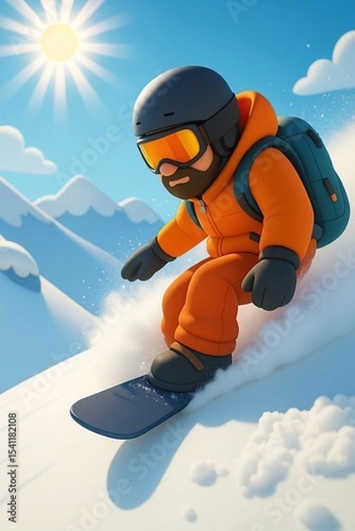 Fototapeta Snowboarder carving through fresh powder on a sunny mountain slope