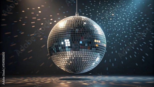 Obraz Classic round disco ball illustration with irregular mirrored panels and soft light reflections, isolated PNG on transparent background perfect for party disco event visuals and festive decoration des