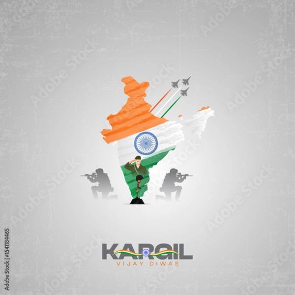 Fototapeta Kargil Vijay Diwas: India map, soldier's salute, and military might