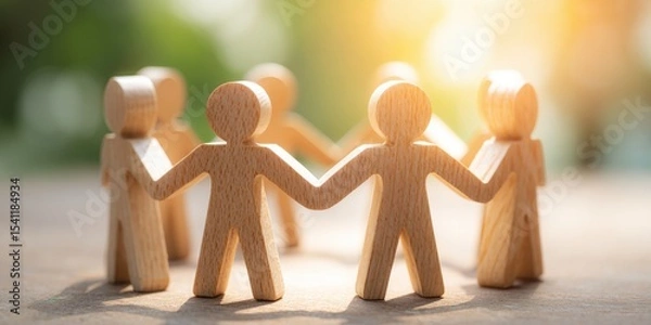 Fototapeta Wooden figures holding hands symbolize unity and teamwork in a warm, natural setting.