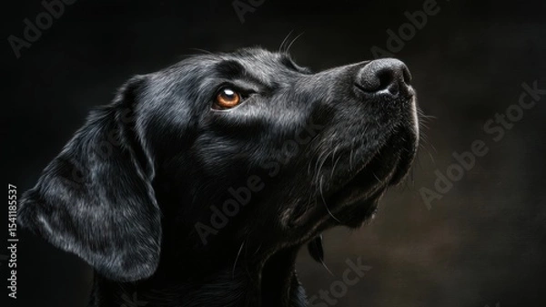Fototapeta A detailed black and white portrait of a Labrador retriever looking upwards.