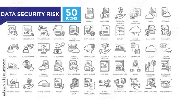 Fototapeta Data security risk lineal icon set collection. This set includes data leak, vulnerability, security service, big data and more icons in lineal style. Vector icons collection for infographics
