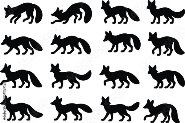 Fototapeta A pattern of sixteen fox silhouettes in various walking and running poses on a white background