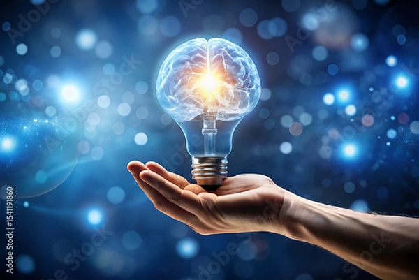 Fototapeta Hand holding Light bulb with glowing brain concept representing innovative ideas and creativity