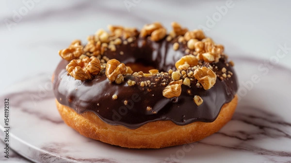Fototapeta Chocolate glazed donut and walnuts on top Background 2025