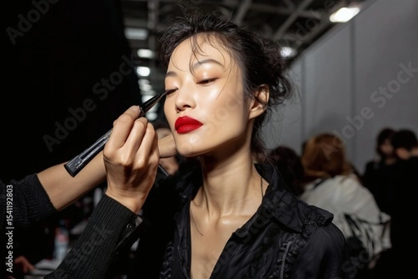 Fototapeta Model getting makeup applied backstage. A makeup artist adds eyeliner, enhancing her look for a fashion show, bright lipstick is on display.