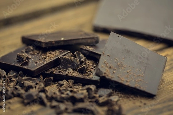 Obraz Flat design dark chocolate squares and shards are resting on rustic wooden surface, copy space