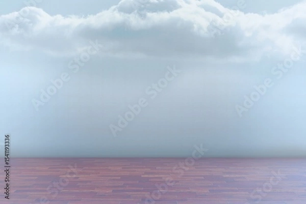 Obraz Flat design minimalist studio showing parquet floor against blue wall with cloud motif, copy space