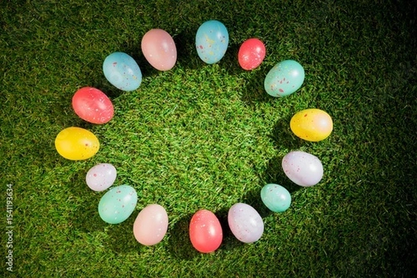 Fototapeta Colorful Easter eggs in circle on grass