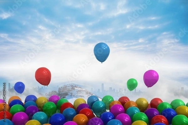 Obraz Many colourful balloons above snow