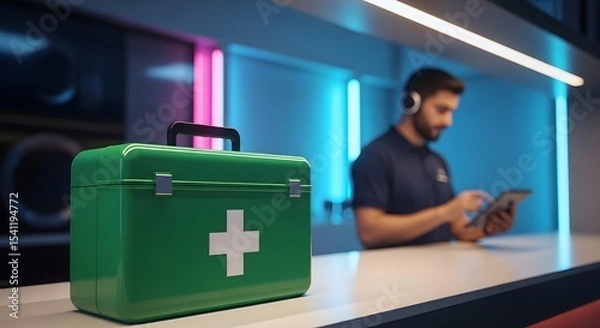 Fototapeta Green First Aid Kit on Counter Near Technician Using Tablet