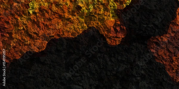 Fototapeta Mesmerizing view of a lava flow, red hot molten liquid streaming over black solid volcanic rocks, aerial directly above shot. Abstract, texture