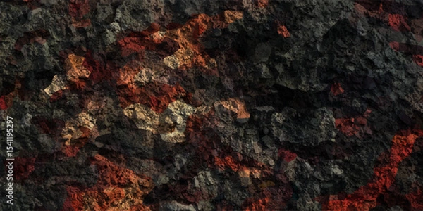 Fototapeta Mesmerizing view of a lava flow, red hot molten liquid streaming over black solid volcanic rocks, aerial directly above shot. Abstract, texture