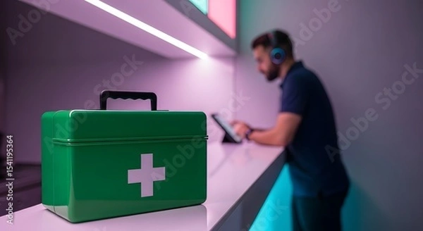 Fototapeta Green First Aid Kit on Counter near Man using Tablet in Modern Office
